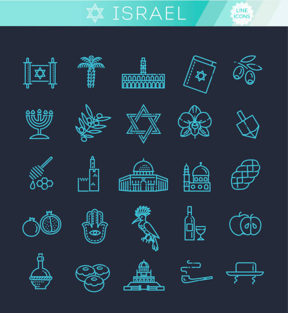 Country Israel travel vacation icons set Set of architecture, fashion, people, item, nature background concept. Infographic traditional ethnic flat, outline, thin line icon chocolate gelt stock illustrations