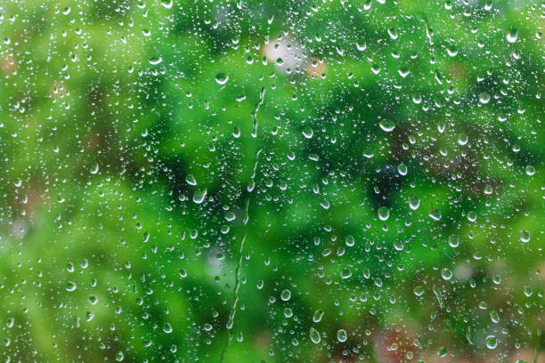 istock Water drops on glass surface on a green background 1032627514