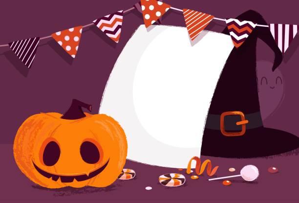 호박, 마녀 모자와 멧 새 플래그 해피 할로윈 휴일 배경. 벡터 일러스트 레이 션 - halloween pumpkin bunting backgrounds stock illustrations