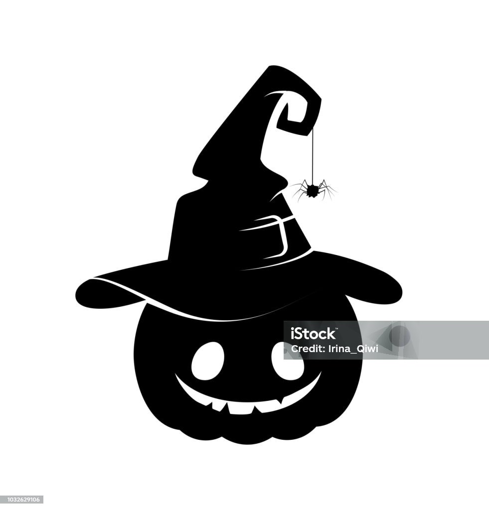 Silhouette noire de citrouille d’halloween - clipart vectoriel de Chapeau de sorcière libre de droits