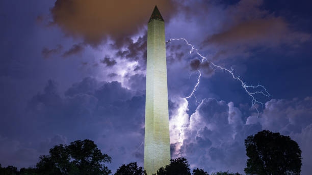 Lightning bolt strikes over the Washington Monument in D.C. stock photo