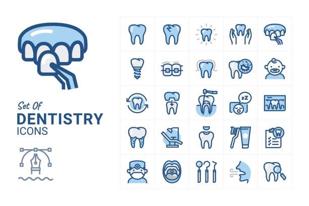 ilustraciones, imágenes clip art, dibujos animados e iconos de stock de dentistry - dental hygiene prosthetic equipment dentist office dental equipment