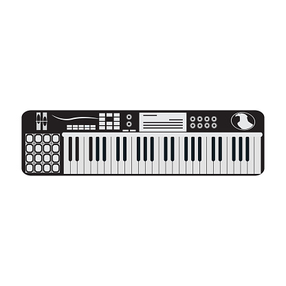 Black and white synthesizer. Vector illustration of electric piano, musical instrument isolated on white background.