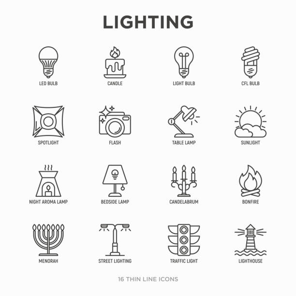 ilustrações de stock, clip art, desenhos animados e ícones de lighting thin line icons set: bulb, led, cfl, candle, table lamp, sunlight, spotlight, flash, candelabrum, bonfire, menorah, lighthouse, night aroma lamp. modern vector illustration. - menorah judaism candlestick holder candle