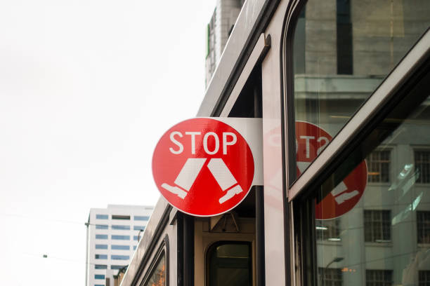 Melbourne, Australia - Aug 9, 2017: An extensile STOP sign on the tram.