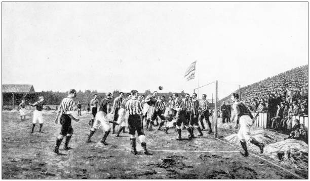 illustrazioni stock, clip art, cartoni animati e icone di tendenza di fotografia antica: partita di calcio - 1900