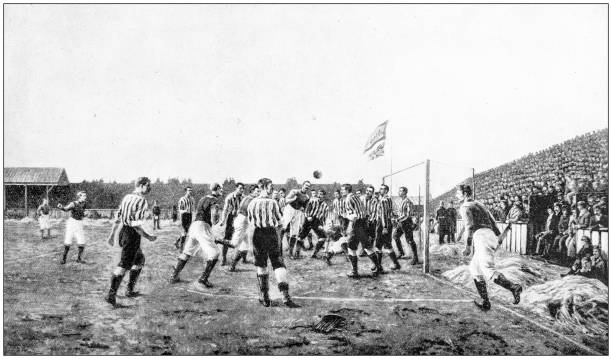 Antique photograph: Football match Antique photograph: Football match scoring a goal photos stock illustrations