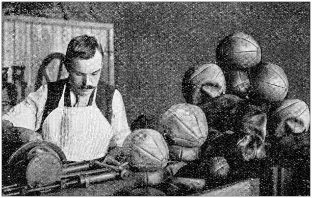 Antique photograph: Production of a football ball Antique photograph: Production of a football ball soccer ball photos stock illustrations