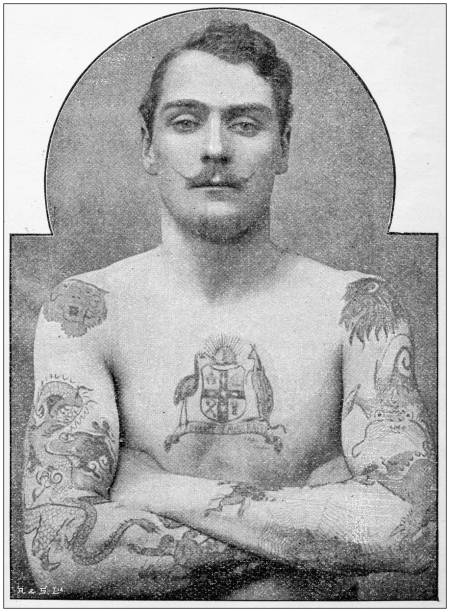Antique photograph: Tattoos, Australian Antique photograph: Tattoos, Australian monochrome photos stock illustrations