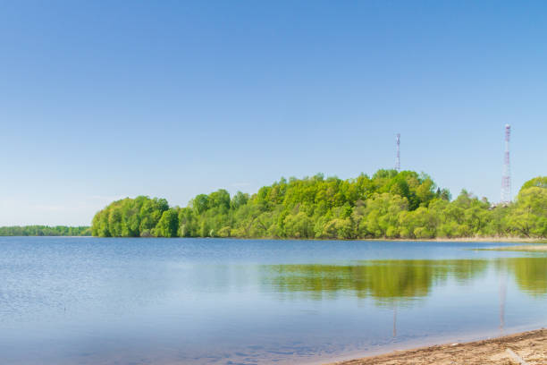 Nature in spring in a village by the lake