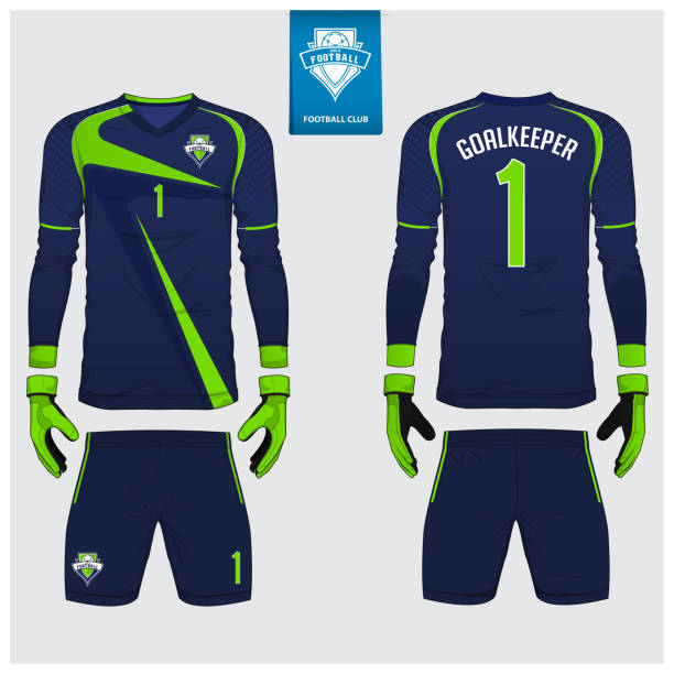 ilustrações de stock, clip art, desenhos animados e ícones de goalkeeper jersey or soccer kit, long sleeve jersey, goalkeeper glove template design. sport t-shirt mock up. front and back view football uniform. flat football logo label. vector. - long sleeved