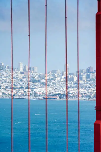 San Francisco through suspender ropes of Golden Gate