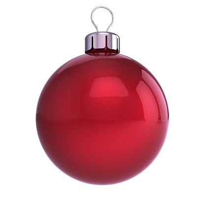 red Christmas ball decoration closeup. New Year's Eve hanging adornment traditional, Merry Xmas wintertime ornament glossy. 3d illustration