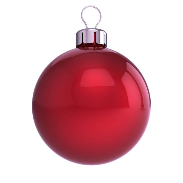 red Christmas ball classic decoration closeup red Christmas ball decoration closeup. New Year's Eve hanging adornment traditional, Merry Xmas wintertime ornament glossy. 3d illustration sphere photos stock pictures, royalty-free photos & images