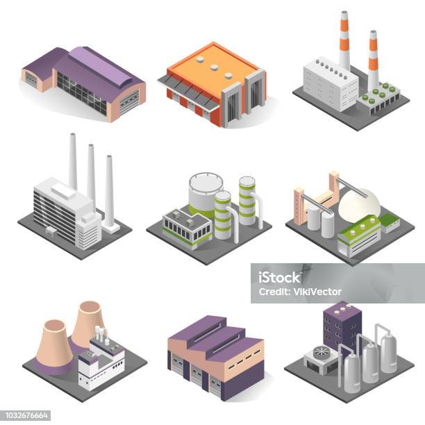 Industrielle Gebäude Und Fabrikarchitektursometric Set Stock Vektor Art und mehr Bilder von Fabrik