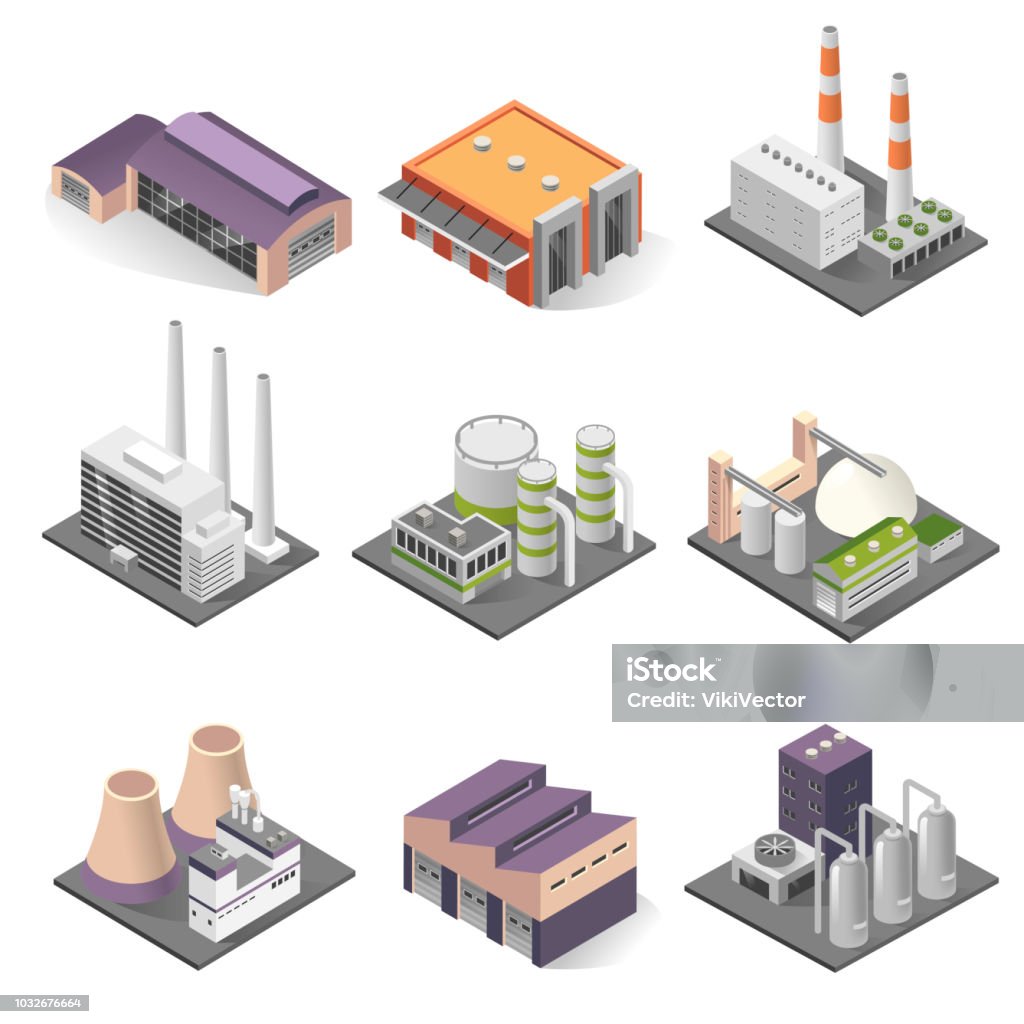Industrial building and factory architecture sometric set Industrial building isometric set. Factories for manufacturing, repairing, cleaning, washing. Vector illustration on white background Factory stock vector
