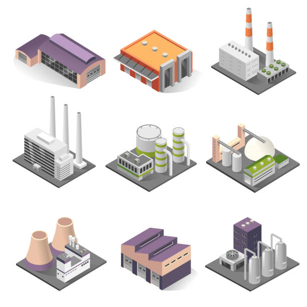 Industrial building and factory architecture sometric set Industrial building isometric set. Factories for manufacturing, repairing, cleaning, washing. Vector illustration on white background plant stock illustrations