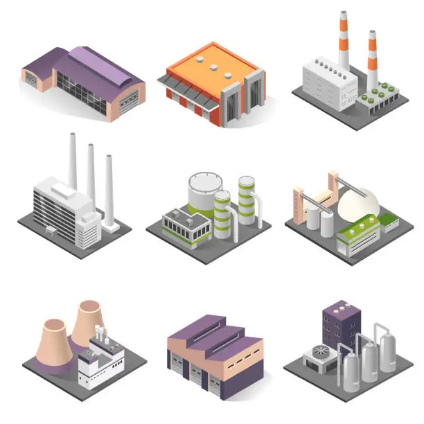 Vector illustration of Industrial building and factory architecture sometric set