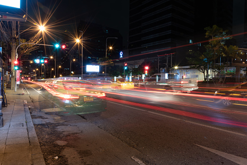 Night traffic, a car moving along the road at Bangkok, Thailand, 17 Aug 2016