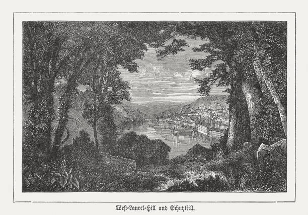 West Laurel Hill and Schuylkill River, Philadelphia, USA, published 1876 View from the West Laurel Hill on the Schuylkill River in Philadelphia, Pennsylvania, USA. Wood engraving, published in 1876. philadelphia aerial stock illustrations