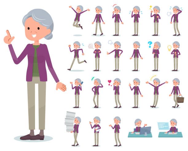 flat type Purple clothes grandmother_emotion A set of old women with who express various emotions.There are actions related to workplaces and personal computers.It's vector art so it's easy to edit. sad old woman stock illustrations