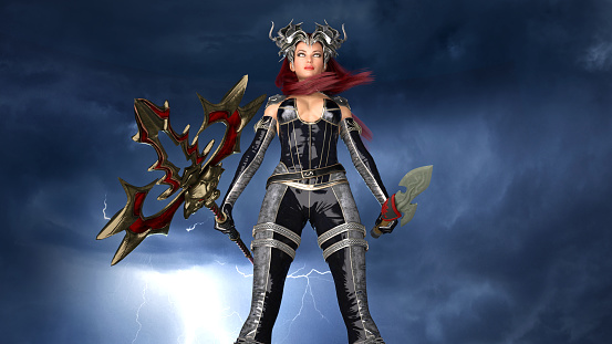 Ancient warrior queen, female fantasy fighter in battle armor with medieval spear and sword, 3D rendering
