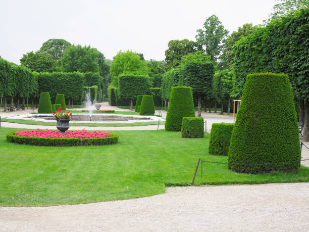 Abstract ideal flower beds and shorn trees in well-kept park