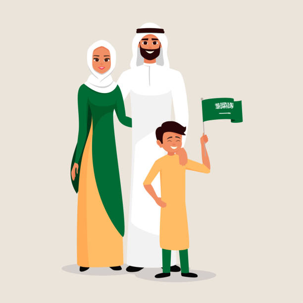 ilustraciones, imágenes clip art, dibujos animados e iconos de stock de familia feliz celebrando el día de la independencia de arabia saudita. - professional occupation three people businessman human head