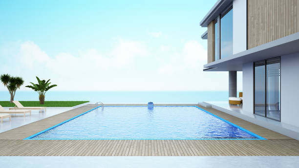 Modern House with Private Swimming Pool Modern House with Private Swimming Pool and Ocean view building terrace photos stock pictures, royalty-free photos & images