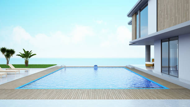 modern house with private swimming pool - swimming pool luxury mansion holiday villa imagens e fotografias de stock