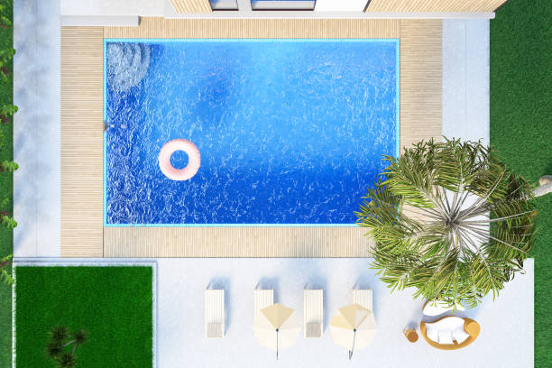 casa moderna con piscina privata. visualizzazione sopra - swimming pool luxury mansion holiday villa foto e immagini stock