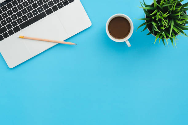 istock Office desk working space - Flat lay top view copy space of a working space with laptop, a coffee cup and little grass placing on blue pastel background. Pastel blue color background space concept. 1032720682