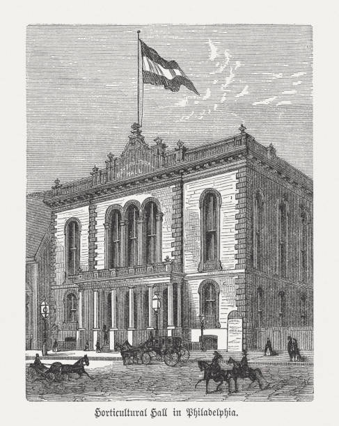 Horticultural Hall in Philadelphia, Pennsylvania, USA, wood engraving, published 1876 Horticultural Hall in Philadelphia, Pennsylvania, USA. Wood engraving, published in 1876. philadelphia aerial stock illustrations