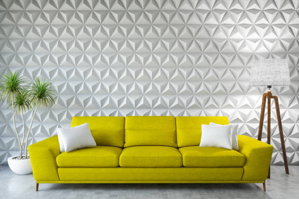 istock Modern Living Room with Sofa and White Geometric Wall 1032725370