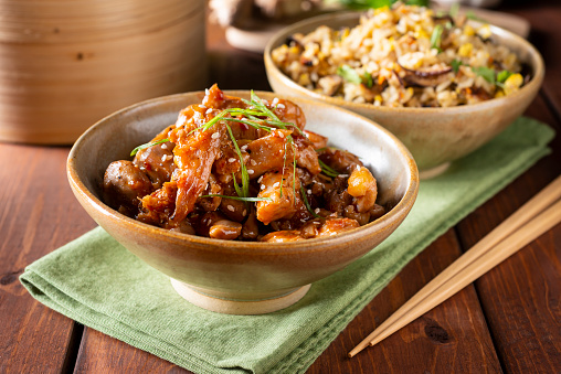 Healthy Sesame Chicken with Mushroom and Cabbage Fried Rice