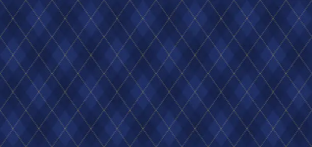 Vector illustration of Argyle vector pattern. Navy blue with thin golden dotted line.