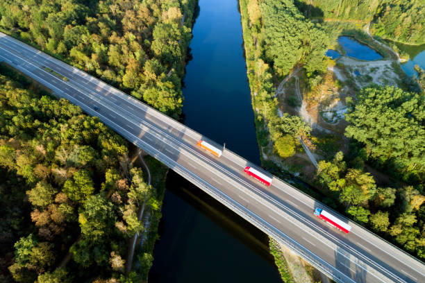 Highway Bridge, Aerial View Aerial view of highway bridge over Danube River, Bavaria, Germany autobahn stock pictures, royalty-free photos & images