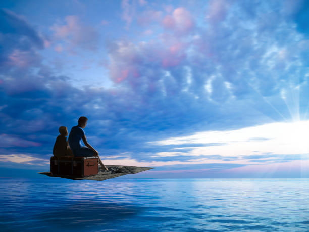 dream vacations with a flying carpet above the calm sea towards the sun - 3d rendering
