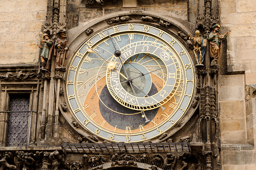 PRAGUE, CZECHIA - OCTOBER 18, 2017: Prague astronomical clock. The Prague astronomical clock is a medieval astronomical clock located in Prague.