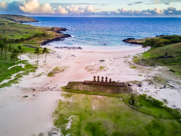 Photo of Anakena Beach from the air, an aerial view of the most famous beach at Easter Island and maybe the best one in Chile