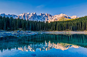 Idyllic blue Alpine Lake Carezza, Dolomites, Italian Tirol Alps