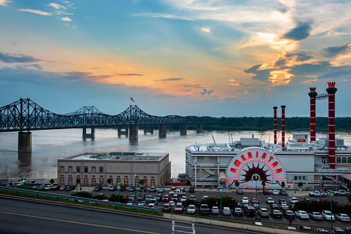 Vicksburg, USA - June 22, 2014: View of the Ameristar casino by the Mississippi River in the city of Vicksburg at sunset.