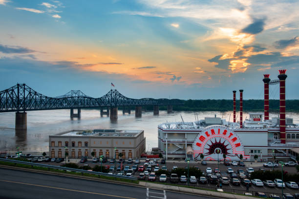 View of the Ameristar casino by the Mississippi River in the city of Vicksburg at sunset. Vicksburg, USA - June 22, 2014: View of the Ameristar casino by the Mississippi River in the city of Vicksburg at sunset. vicksburg stock pictures, royalty-free photos & images