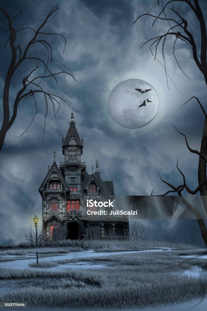 Haunted House Dark haunted house set on swamp under a full moon night sky Spooky Stock Photo
