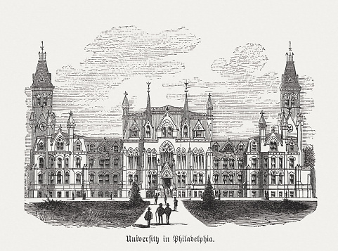 College Hall (University of Pennsylvania), Philadelphia, Pennsylvania, USA. Wood engraving, published in 1876.