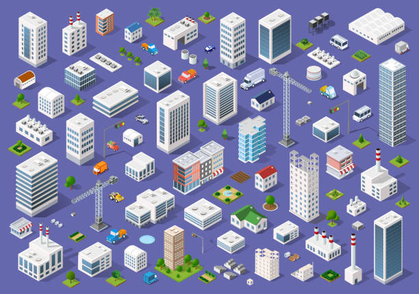 ilustrații de stoc cu set de clădiri urbane plate - proiecţie izometrică