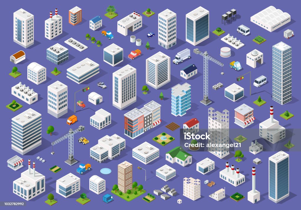Set of urban flat buildings Set of urban 3d buildings of different colors for creativity and design, includes skyscrapers, houses, shops, offices, natural sites, trees, transport Isometric Projection stock vector