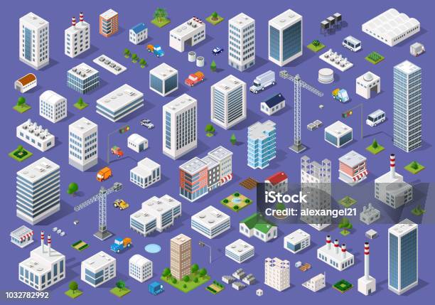 Set Of Urban Flat Buildings Stock Illustration - Download Image Now - Isometric Projection, Building Exterior, City