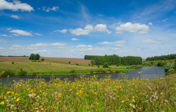 istock Sunny summer landscape with river,fields,green hills and beautiful clouds in blue sky. 1032789898