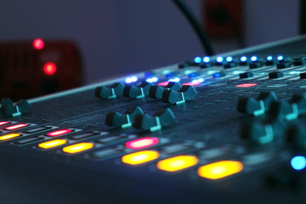 istock The audio mixer in the Studio, the handles move up and down, all ready to record. 1032804032